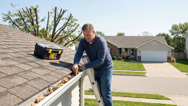 Homeowner Performing Essential Roof Maintenance and Gutter Cleaning