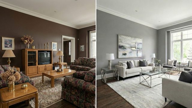 A split-screen comparison showing a high-end living room renovation. The left side features dark brown walls and heavy, outdated 1990s-style furniture, creating a darker atmosphere. The right side shows the same room refreshed with bright, neutral paint and sleek modern decor, demonstrating how professional painting and design updates modernize a home and improve lighting.