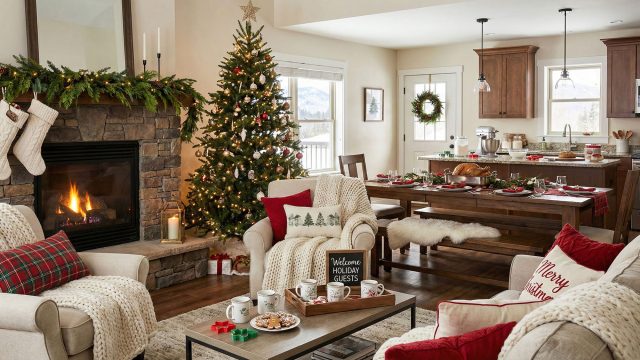 Living Room and Kitchen with Christmas Tree, Turkey Dinner, and Decorations