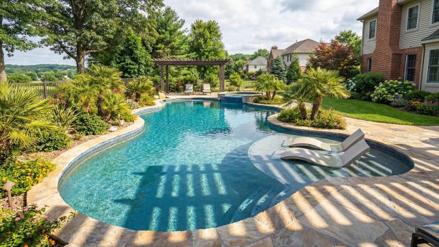 A wide-angle landscape photograph of a luxurious custom freeform swimming pool with a raised spa, sun shelf with two in-water lounge chairs, stone patio, wooden pergola casting shadows, and lush landscaping in a suburban backyard setting under a partly cloudy sky.
