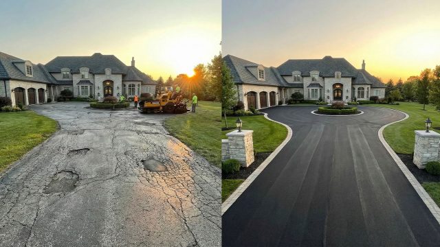 A split-screen comparison of a residential driveway renovation. The left side shows a worn, cracked pavement surface undergoing maintenance, while the right side reveals a newly paved, smooth black asphalt driveway with manicured landscaping, illustrating the dramatic impact of professional paving on property curb appeal.
