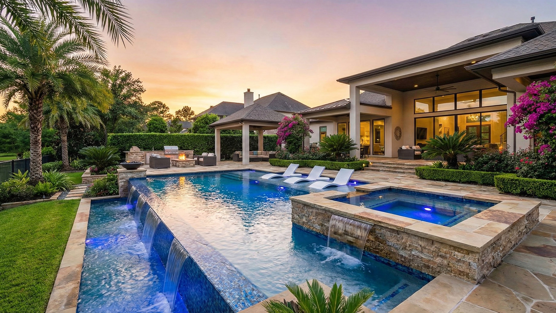 A stunning custom swimming pool in a luxury Houston home featuring an infinity edge, integrated spa, and travertine decking at sunset, showcasing the results of professional pool service.