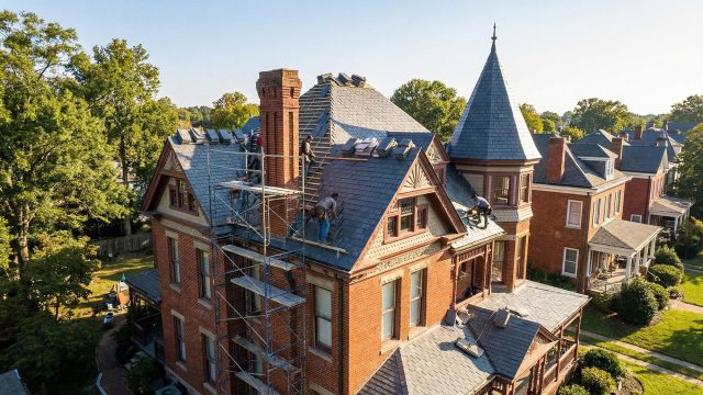 Roofing contractors installing high-end slate tiles on a historic Queen Anne style brick mansion in a Petersburg, VA neighborhood, using scaffolding on a sunny day.