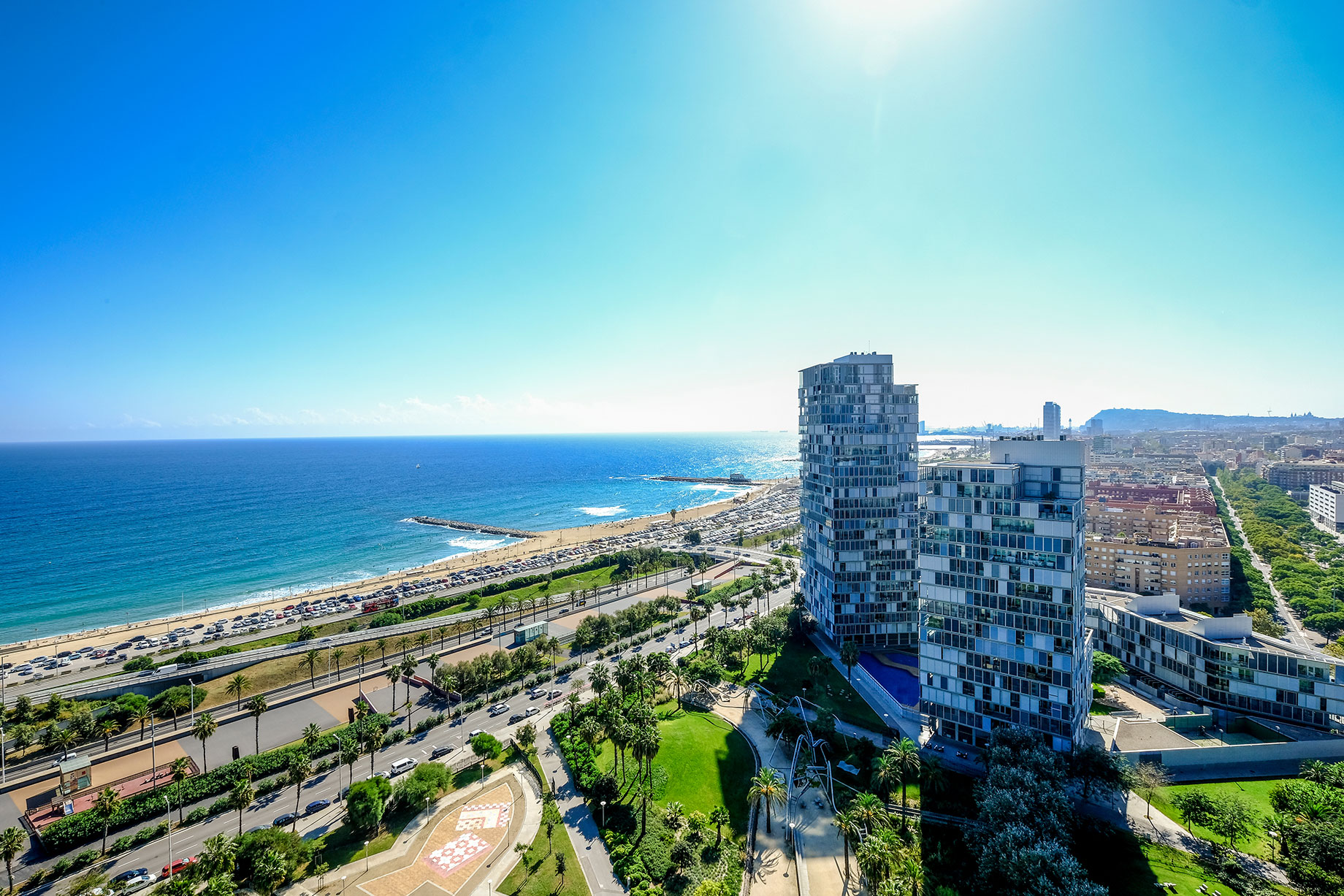 Mediterranean Beaches and Modern Buildings of Barcelona in the Area of Diagonal Mar, Catalonia, Spain