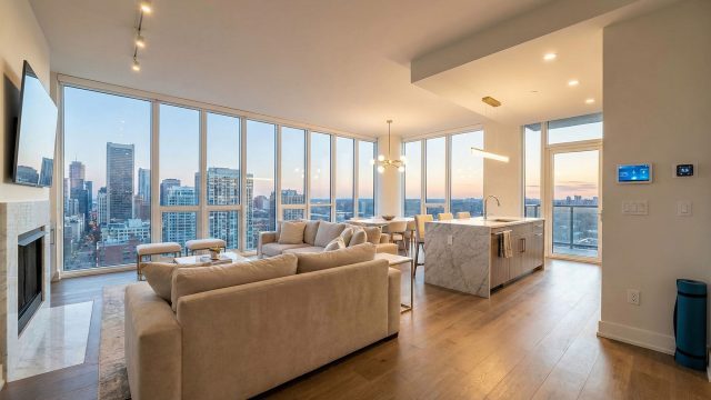 Interior view of a stylish luxury apartment featuring an open-plan living room and kitchen with marble countertops, warm wooden flooring, floor-to-ceiling windows overlooking a city skyline at sunset, and a wall-mounted smart home control panel.
