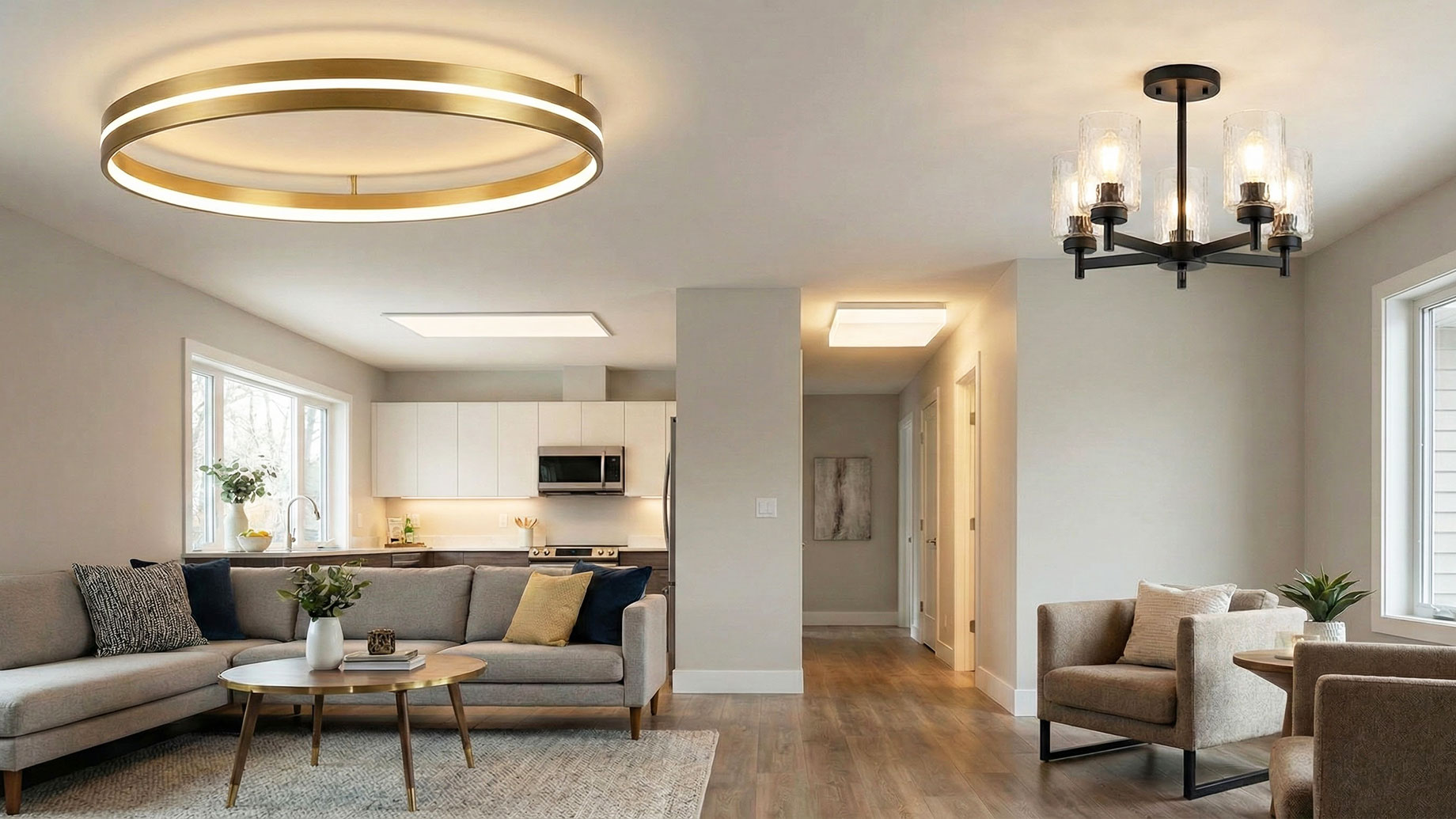 A stylish, contemporary living room with low ceilings featuring a sleek matte gold semi-flush mount light fixture; the design maximizes vertical space while providing warm, diffused ambient lighting.