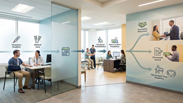 A visual flowchart illustrating the stages of the Oregon workers' compensation process. The image depicts an injured worker progressing from initial medical treatment and temporary disability assessment to vocational rehabilitation, finally branching into potential outcomes such as returning to work, receiving a permanent disability award, or obtaining permanent total disability support.