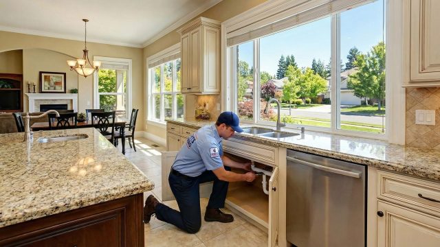 A plumber kneeling and working on the pipes under a kitchen sink in a well-maintained home.