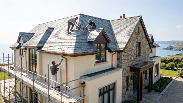 Professional contractors performing slate roof restoration and exterior painting on a large luxury home overlooking the ocean, illustrating the process of high-end architectural preservation and maintenance using scaffolding.