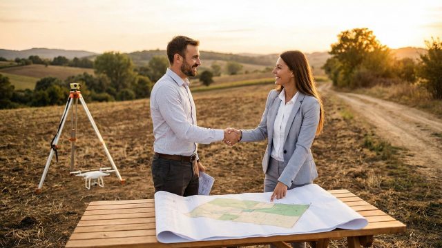 A real estate professional and a client shaking hands over a large property map on a wooden table in an open field at sunset, with surveying equipment visible in the background, symbolizing a successful land sale consultation.