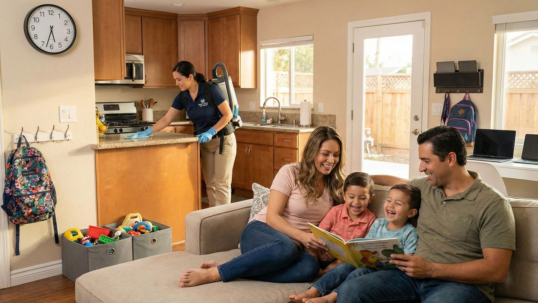 A happy family of four sits comfortably on a living room sofa reading a book together, smiling and relaxed, while a uniformed professional house cleaner diligently wipes down kitchen counters in the background, illustrating how hiring a cleaning service allows busy parents to focus on connection rather than chores.