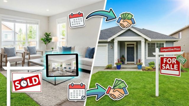 A modern, attractive house with fresh landscaping and excellent curb appeal features a prominent "Sold" sign in the front yard, illustrating the successful result of smart planning and staging in a competitive real estate market.