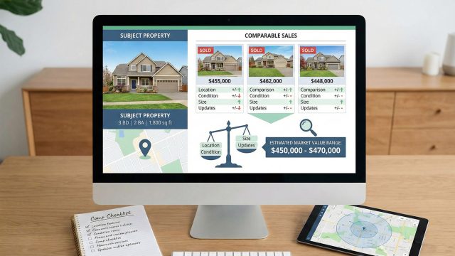 A desktop computer monitor displaying a professional real estate comparative market analysis (CMA) interface. The screen compares a 'Subject Property' on the left against three 'Sold' comparable homes on the right, highlighting price, location, and condition adjustments. A notepad with a handwritten 'Comp Checklist' and a tablet showing a neighborhood map radius sit on the desk, illustrating the home valuation process.