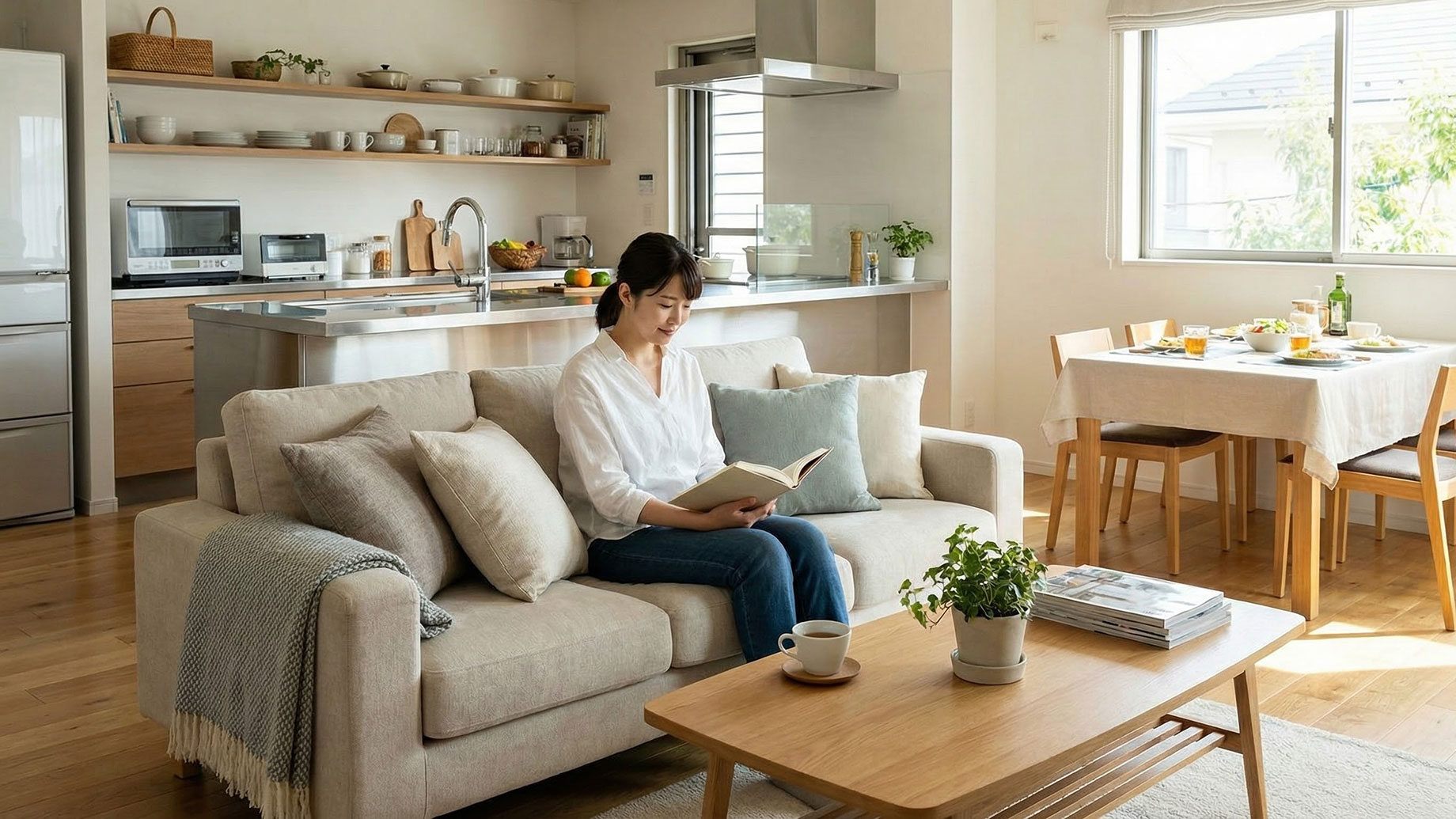 A woman reading a book on a beige sofa in a bright, organized, and clutter-free open-plan living room and kitchen, illustrating the peaceful environment created by routine home cleaning.
