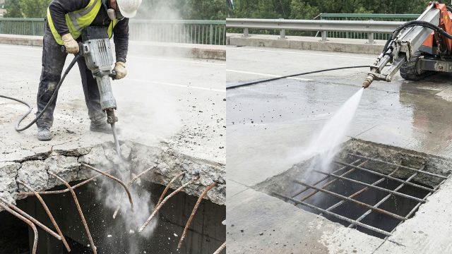 A split-screen comparison image illustrating concrete removal methods. One side shows a construction worker using a manual pneumatic jackhammer generating dust and debris; the other side features a specialized hydrodemolition robot using high-pressure water to cleanly remove concrete and expose rebar without dust or structural damage.