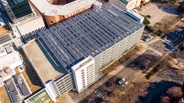 Solar Panels on the Roof of a Commercial Building in Downtown Raleigh, North Carolina, USA