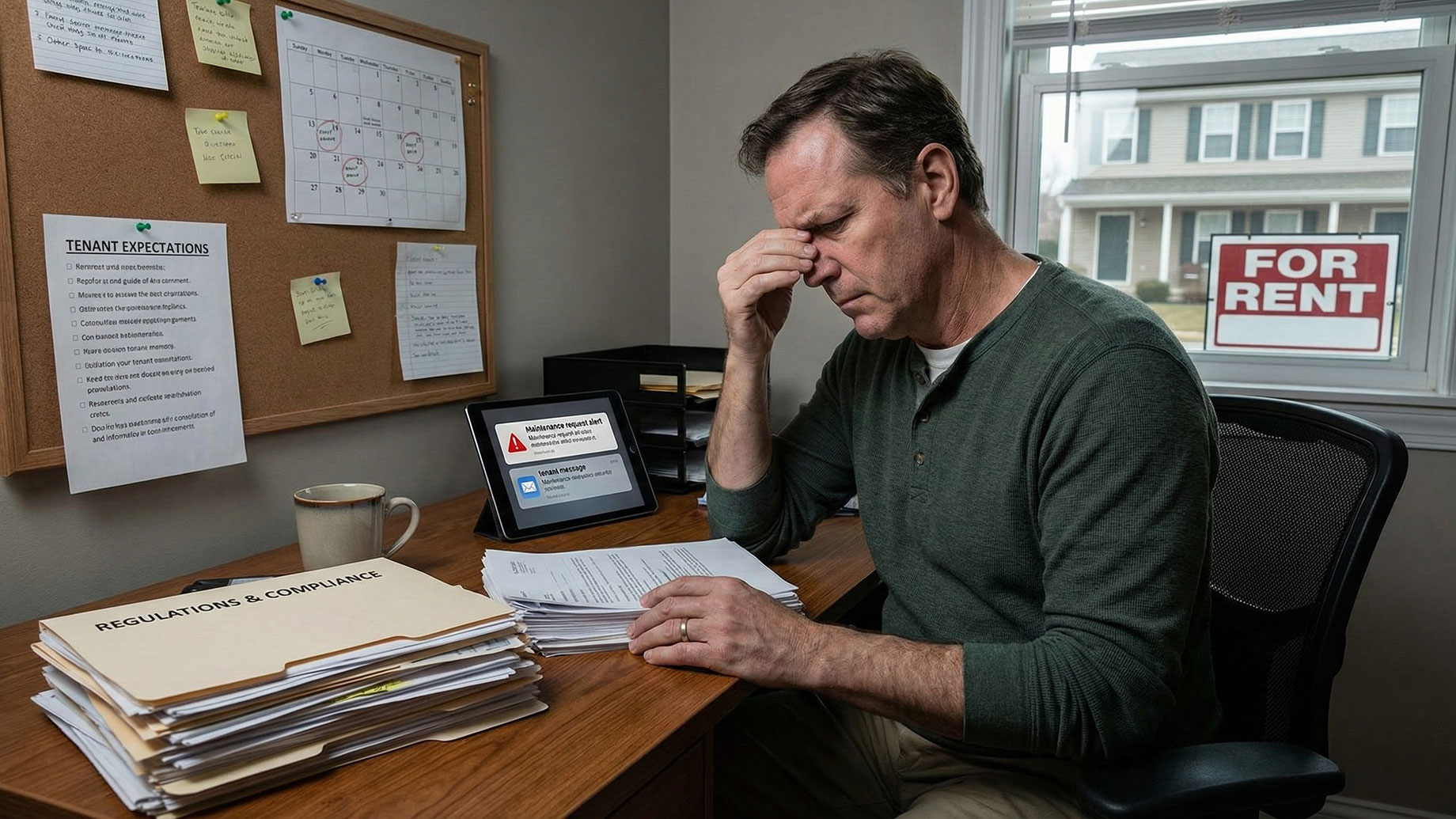 A worried landlord sits at a cluttered desk reviewing a large stack of compliance paperwork and digital maintenance notifications on a tablet, illustrating the rising complexities and stress involved in modern property management.