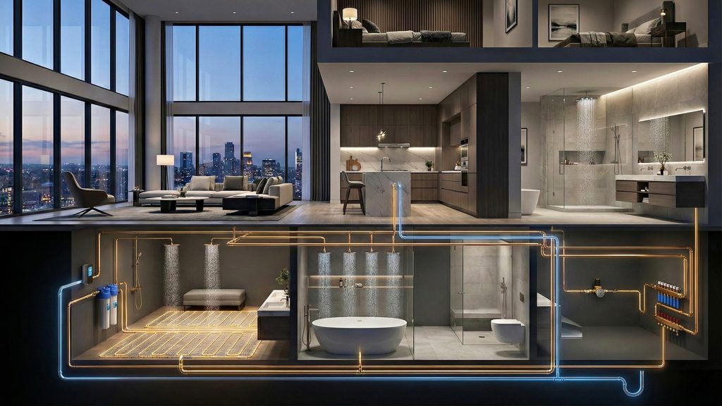 A cross-section illustration of a luxury penthouse apartment at dusk showing both the finished living spaces upstairs and the complex hidden infrastructure downstairs. The top half features a modern living room with city skyline views, a gourmet kitchen, and elegant bathrooms. The bottom cutaway view reveals a network of glowing orange and blue pipes for plumbing and radiant floor heating, alongside water filtration systems and manifolds powering the fixtures above.