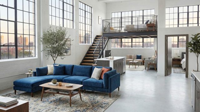 Interior view of a stylish, open-plan apartment featuring contemporary furniture, neutral tones, and large windows. The layout creates a seamless flow between the living area and the kitchen, illustrating the flexibility of modern apartment designs like lofts or studios.