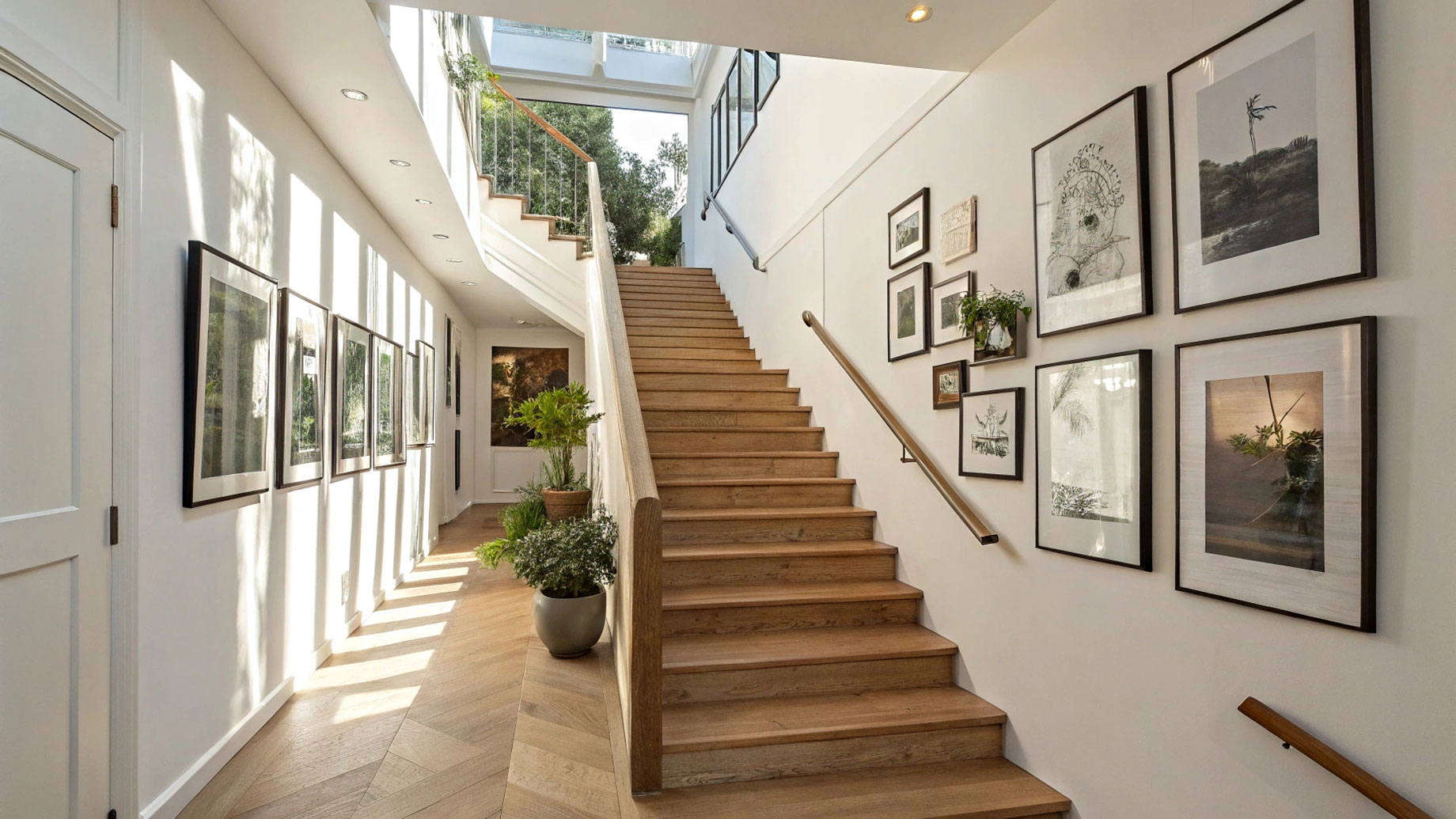 Wall Art and Framed Pictures Along the Staircase in a House