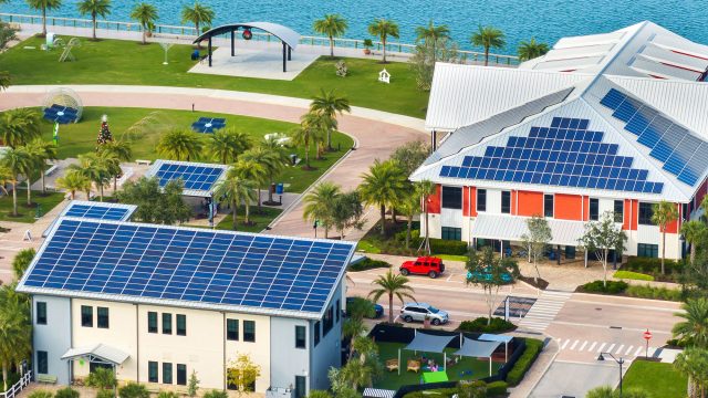 Waterfront Commercial Buildings with Metal Roofs and Solar Panels in Florida