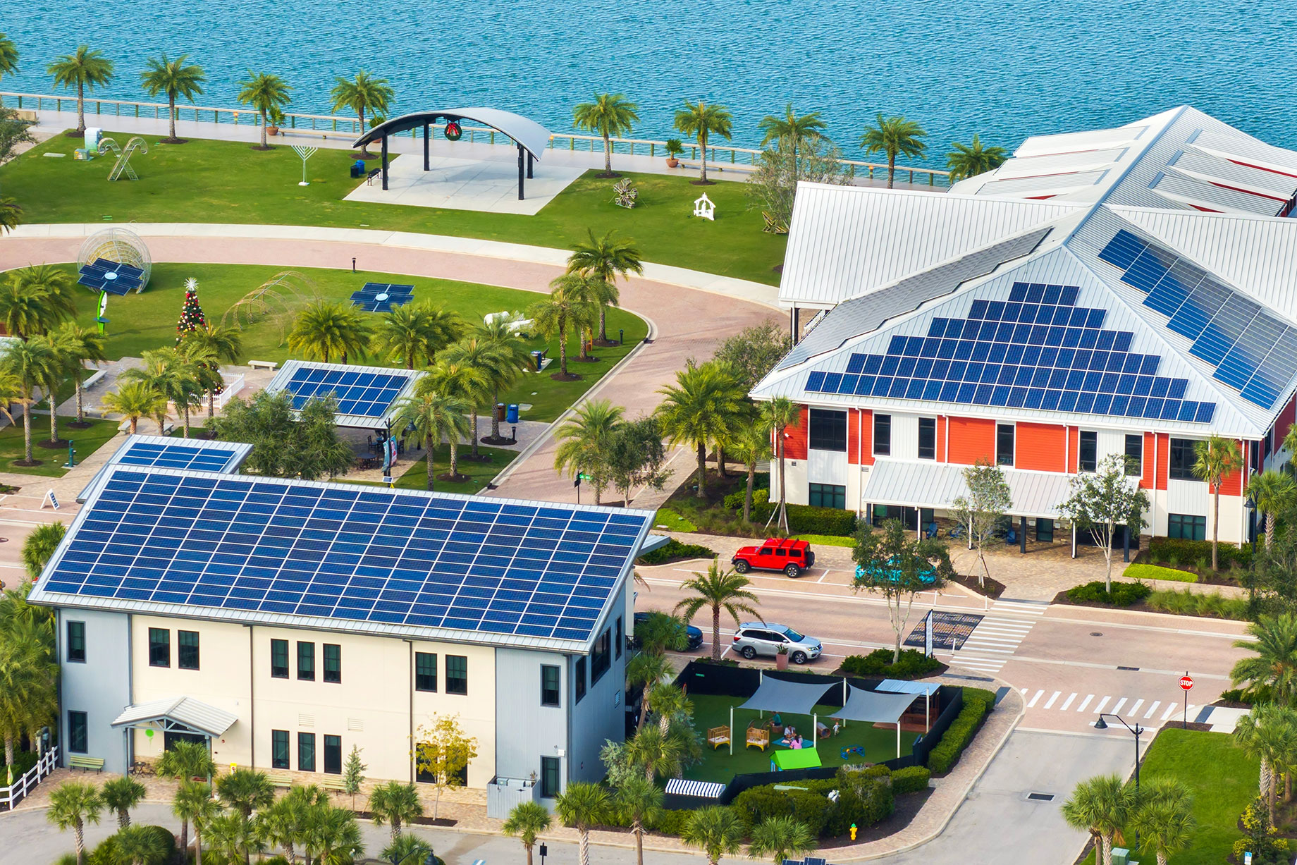 Waterfront Commercial Buildings with Metal Roofs and Solar Panels in Florida