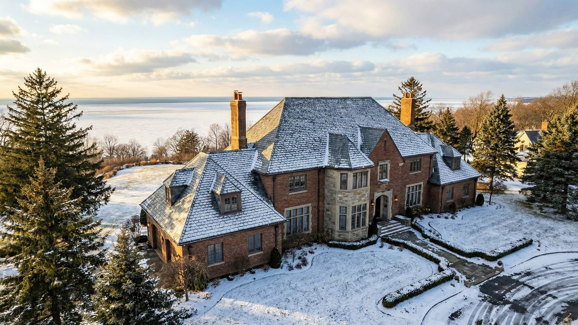 An aerial photograph of a large, luxurious Tudor-style brick estate covered in snow during winter. The prominent slate-style roof is white with snow, and the house overlooks a frozen lake under a partly cloudy, golden-hour sky. Tall evergreen trees surround the property.