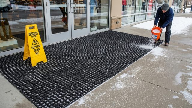How do you prevent slippery outdoor walkways at retail storefronts during winter?