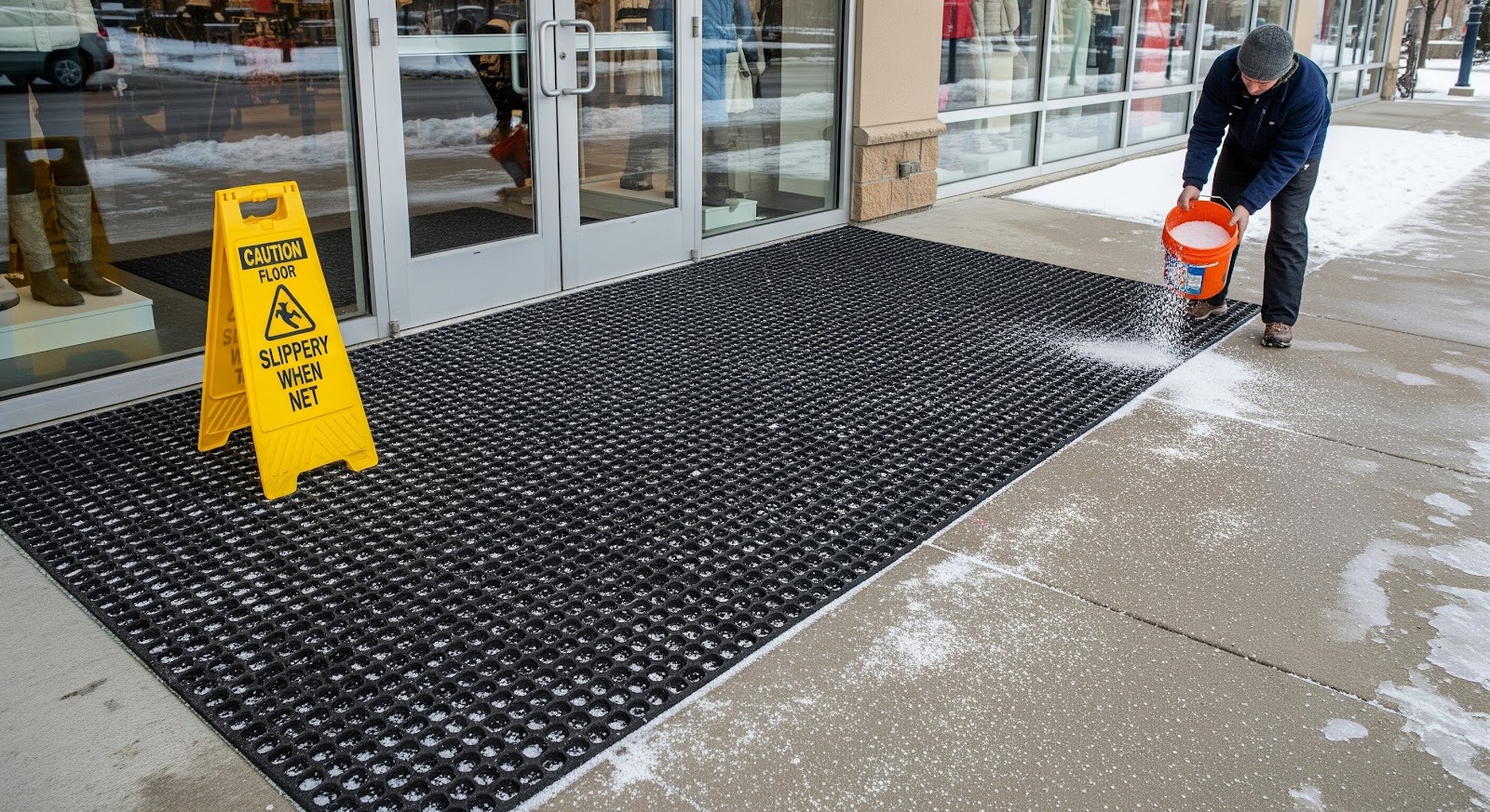 How do you prevent slippery outdoor walkways at retail storefronts during winter?