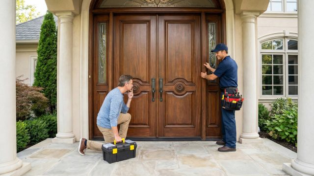 A man with a toolbox kneels, inspecting the lock of large wooden double doors at a luxury home entrance, while a uniformed professional with a tool belt stands next to him, pointing at the door frame and explaining something. The scene illustrates a consultation for a front door repair.