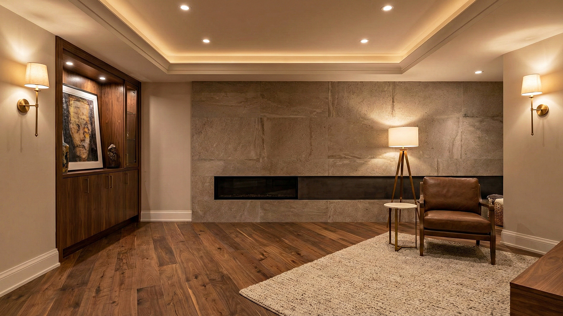 A finished basement showing quiet luxury with rich walnut wood floors, a large stone fireplace wall, custom built-in cabinets with integrated lighting, and a layered lighting scheme including recessed lights, wall sconces, and a floor lamp. A leather armchair sits on a textured rug.