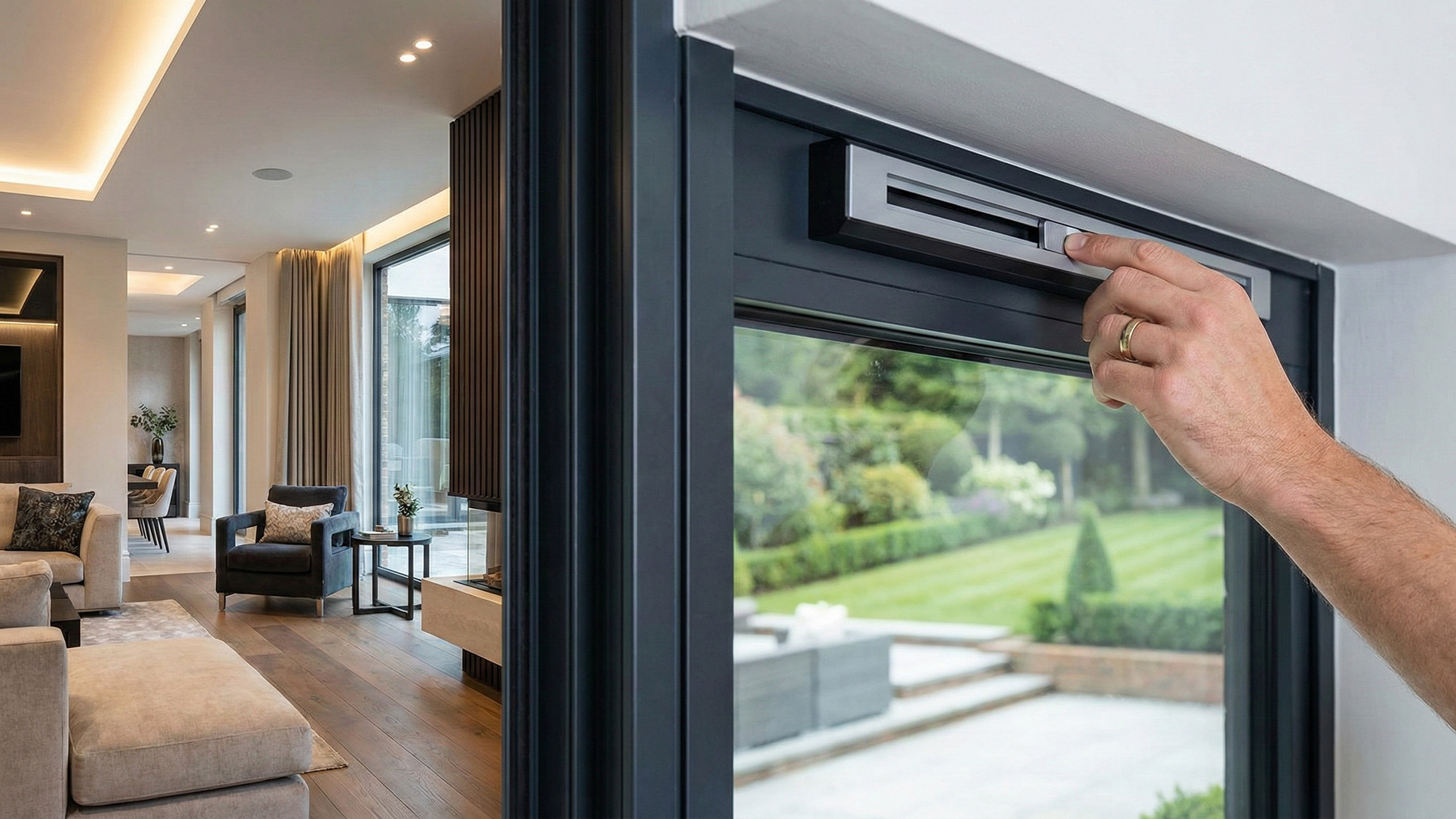 A close-up photograph of a person's hand with a wedding band adjusting the slider on a modern, dark-framed window trickle vent. The vent is installed at the top of a large window in a luxurious living room, with a view of a manicured garden and patio outside. The interior features contemporary furniture and warm lighting.