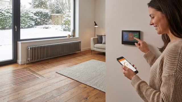 A woman uses a wall-mounted smart thermostat and a smartphone app to adjust the temperature in a modern living room. The interior includes a contemporary radiator and a visible underfloor heating system, set against a backdrop of a snowy winter landscape through a large glass door.