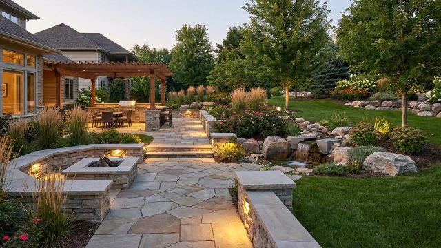 A high-end outdoor living space featuring a harmonious blend of flagstone pavers, retaining walls, and a fire pit (hardscaping) seamlessly integrated with lush garden beds, ornamental grasses, and mature trees (softscaping) at twilight.