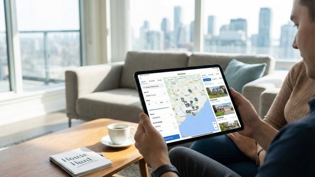 An over-the-shoulder view of a person using a house-hunting app on a digital tablet to view map-based property listings. They are seated in a bright, modern living room with a coffee cup and a notebook labeled "House Hunt" on the table, with a high-rise city skyline visible through the window in the background.
