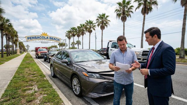 A professional car accident lawyer in a suit consults with a distressed driver holding paperwork next to a damaged sedan. The scene takes place on a roadside lined with palm trees, with the iconic "Pensacola Beach" archway sign visible in the background, illustrating on-site legal assistance following a collision in Florida.
