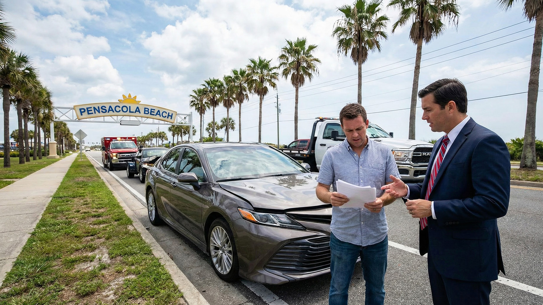 A professional car accident lawyer in a suit consults with a distressed driver holding paperwork next to a damaged sedan. The scene takes place on a roadside lined with palm trees, with the iconic "Pensacola Beach" archway sign visible in the background, illustrating on-site legal assistance following a collision in Florida.