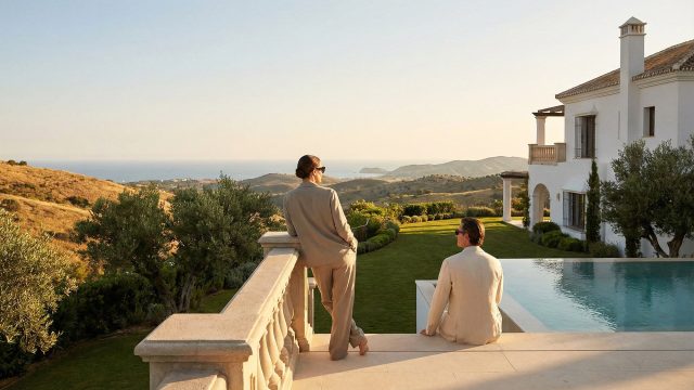 Two elegant figures stand on the sunlit terrace of a private luxury villa in Spain, overlooking a peaceful, expansive landscape of rolling hills and the distant coast, illustrating the seclusion and discretion sought by high-profile travellers.