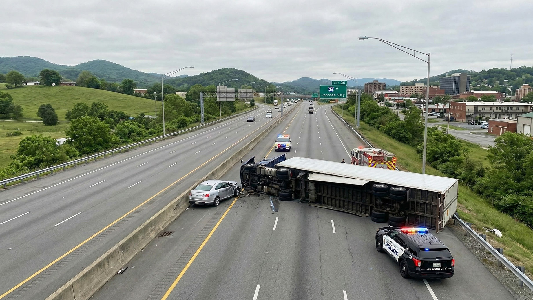 A wide-angle view of a severe highway collision involving an overturned tractor-trailer and a passenger vehicle near Johnson City, Tennessee. Police cruisers and emergency responders are present at the crash site, blocking traffic lanes against a backdrop of rolling green hills and an overcast sky.