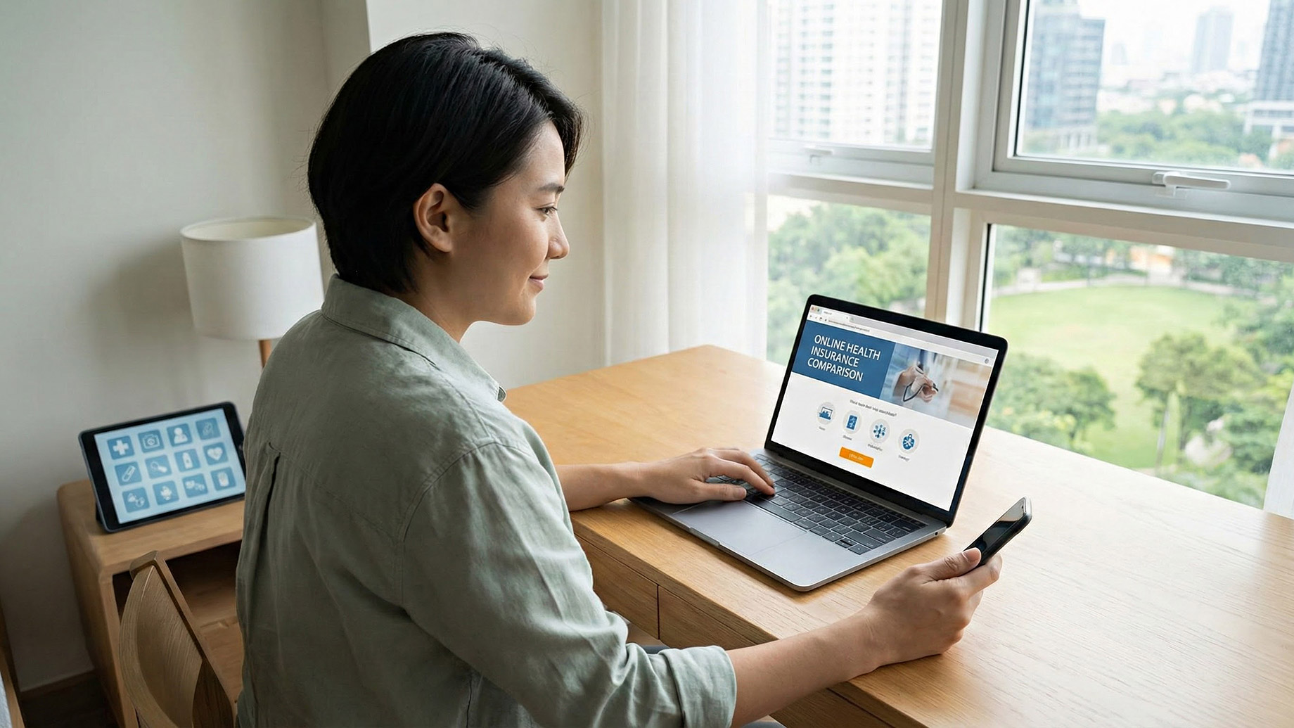 A person sitting at a desk in a well-lit room, reviewing and comparing online health insurance options on a laptop screen, illustrating the convenience of digital healthcare coverage management.