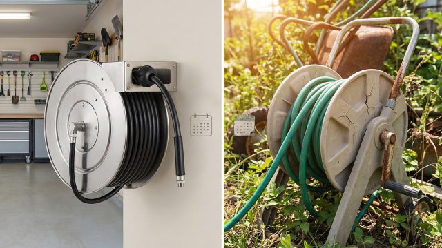 A side-by-side comparison of two hose reels: on the left, a heavy-duty, stainless steel wall-mounted power hose reel in a clean garage; on the right, a sun-damaged, cracked plastic hose reel sitting outdoors on the grass, illustrating the difference in longevity based on material and environment.