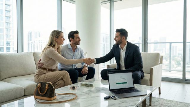 A couple shakes hands with a professional buyer in a luxury high-rise living room. On the marble coffee table between them are a stack of cash, a designer handbag, a luxury watch, car keys, and a laptop displaying a transaction confirmation screen, illustrating a completed fast asset sale.