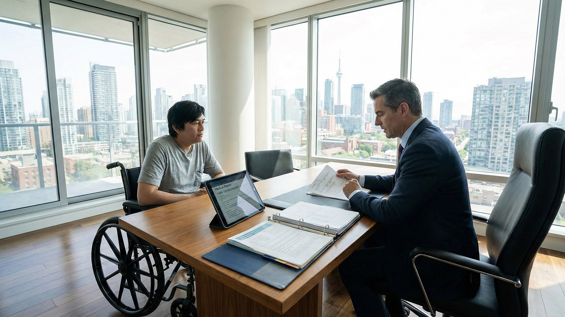 A man using a wheelchair sits across a wooden desk from a professional in a navy suit, reviewing disability claim documents. They are in a modern, high-rise office with floor-to-ceiling windows that offer a clear view of the Toronto skyline, including the CN Tower.