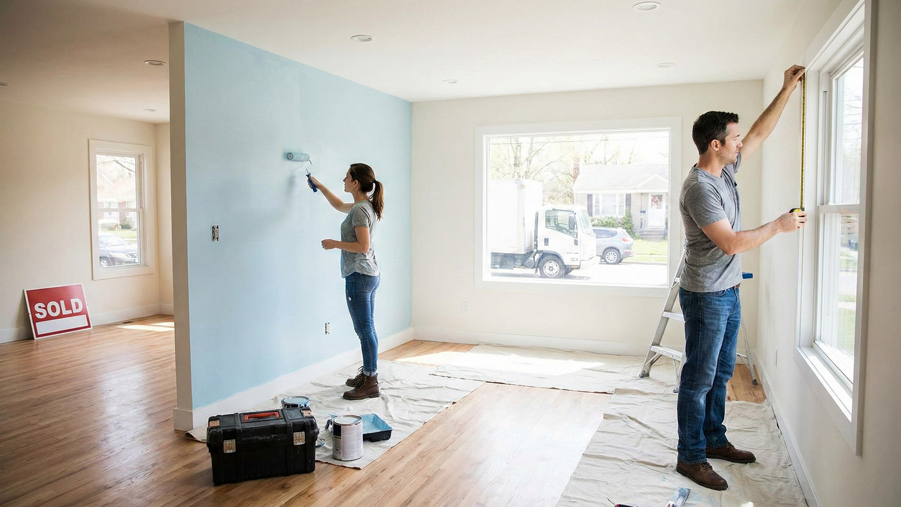 A man and a woman are working on renovations in their empty new home. The woman is rolling light blue paint onto a wall, while the man measures a window frame with a tape measure. A red 'SOLD' sign is leaning against a wall in the background, and a white moving truck is visible outside the large window. Drop cloths, paint cans, and a toolbox are on the hardwood floor.