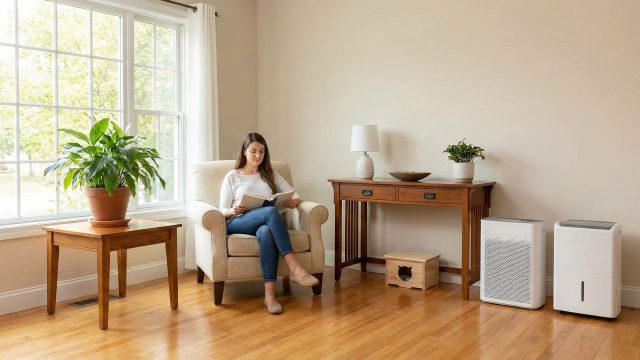 A woman sits in a sunlit, clean living room reading a book. The room features essential wellness tools including an air purifier, a dehumidifier, and vibrant green plants, illustrating a home optimized for indoor air quality and comfort.