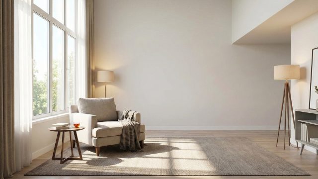 A sunlit, minimalist corner of a luxury home featuring a comfortable beige armchair with a textured throw blanket. A small side table holds a book and a cup of tea next to a large window, while a floor lamp and soft rug add warmth to the room.
