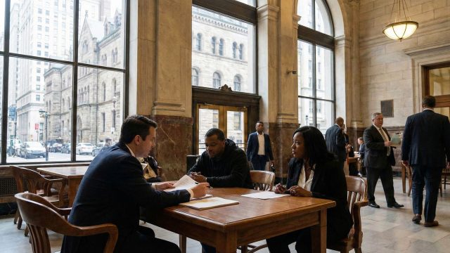 A Philadelphia criminal defense lawyer discussing a case with clients in a courthouse setting, reviewing documents.