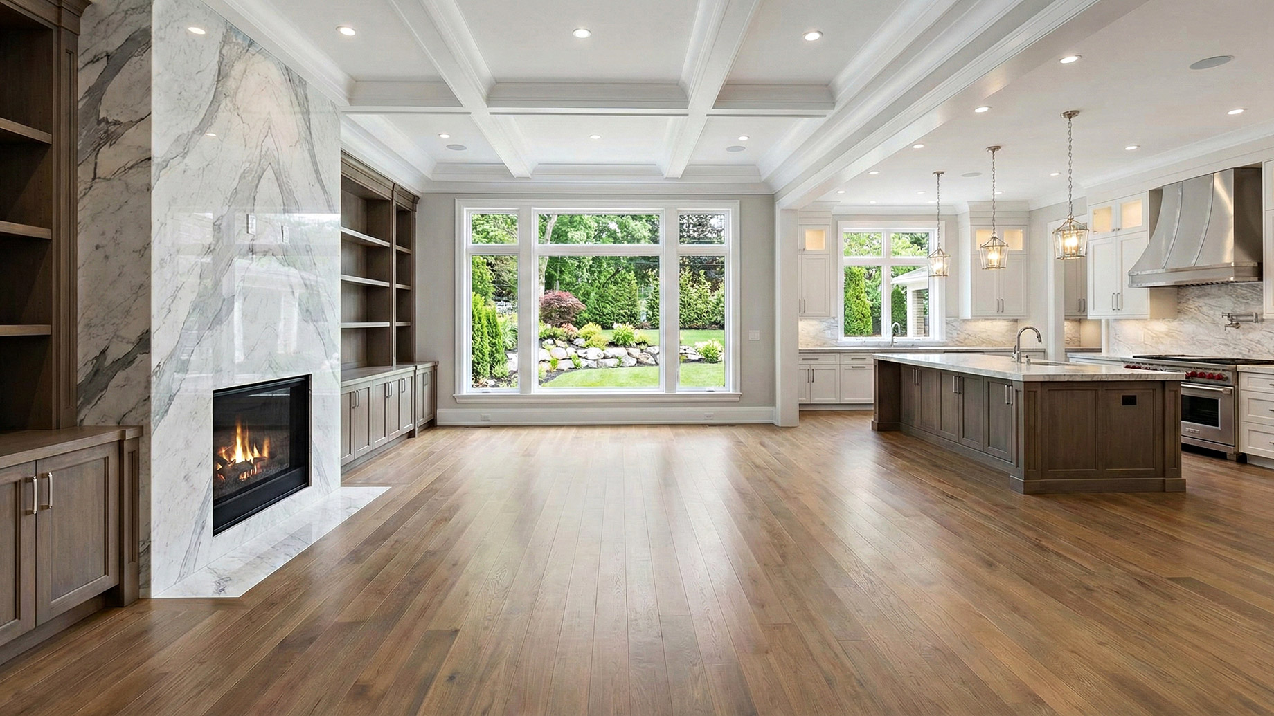 A wide-angle landscape photograph of a spacious, open-concept luxury home interior, showcasing a living area with a large marble fireplace and custom built-in cabinetry next to a gourmet kitchen with a sprawling island and high-end appliances. Hardwood floors and a coffered ceiling run throughout the space, which is brightened by large windows overlooking a landscaped backyard.