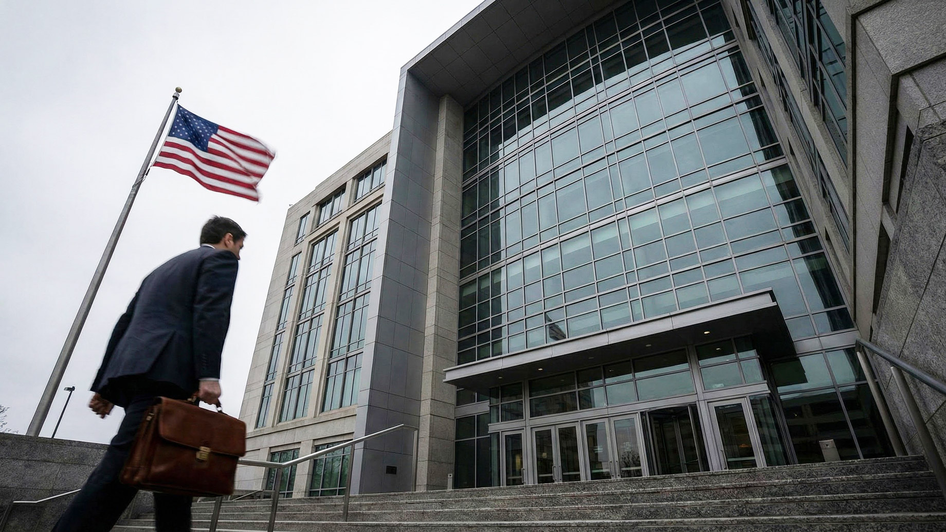 A professional attorney in a business suit walking up the concrete steps toward a modern, imposing federal courthouse building with an American flag flying, symbolizing the serious nature of facing federal charges and the importance of legal representation in Dallas.