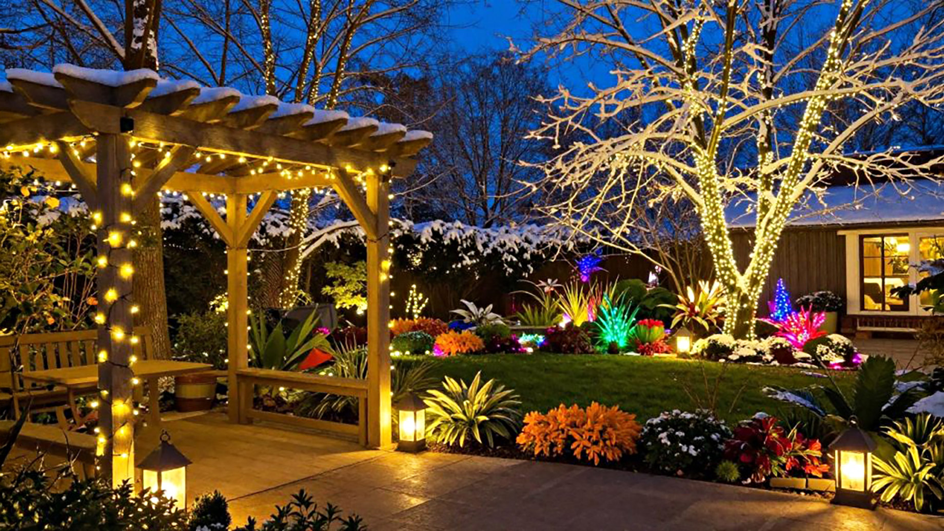 A stunning nighttime view of a winter-friendly outdoor living area featuring a wooden pergola and snow-dusted trees adorned with warm white string lights. The landscape is illuminated with colorful glowing plants and several lanterns along a stone patio, showcasing a dazzling holiday light display designed to impress neighbors and passersby.